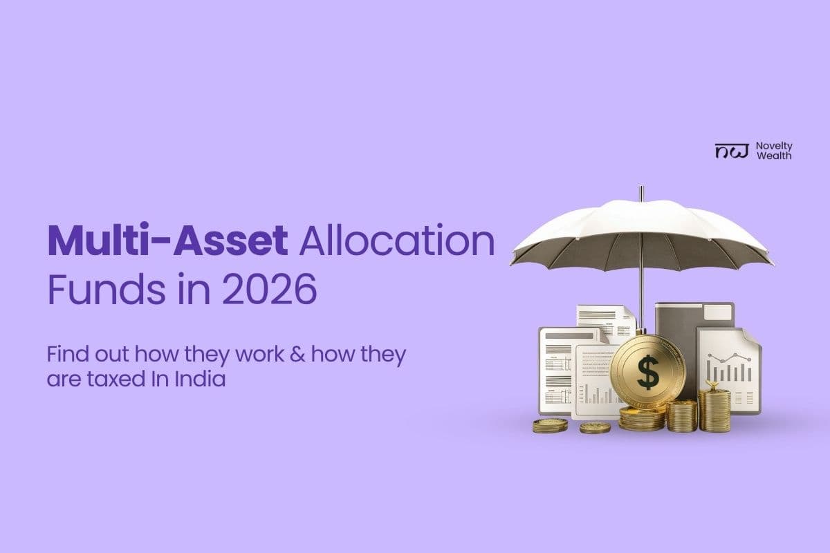 Purple graphic: "Multi-Asset Allocation Funds in 2026" text next to an umbrella shielding gold coins and financial documents. Novelty Wealth logo.