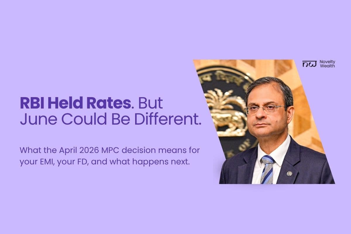 An image from Novelty Wealth featuring RBI Governor Sanjay Malhotra with text stating that the RBI held the repo rate in April 2026 but suggests June could be different, exploring the impact on EMIs and FDs.