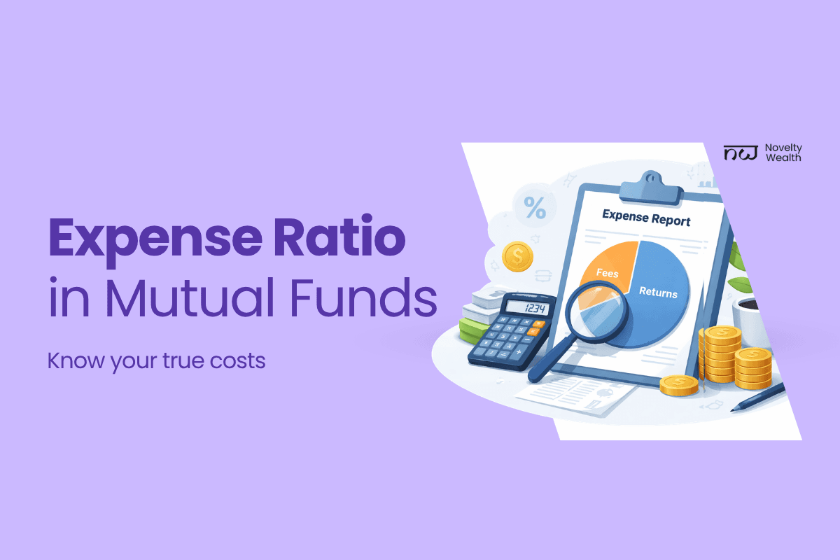 Featured image by Novelty Wealth showing a clipboard with an expense report split between fees and returns, along with a calculator and coins—illustrating how expense ratio impacts mutual fund returns.