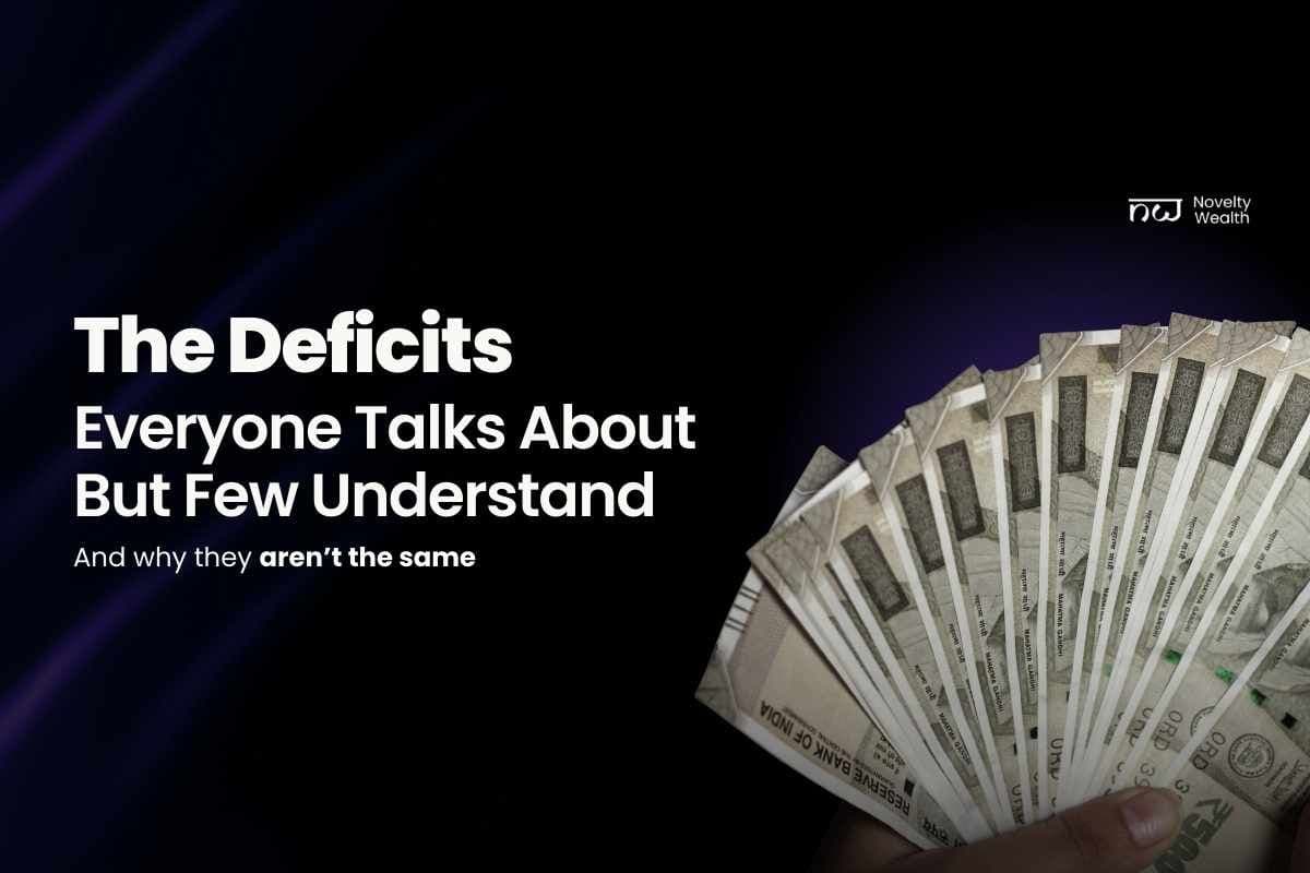 Hand holding Indian rupee currency notes beside the text ‘The Deficits Everyone Talks About But Few Understand’