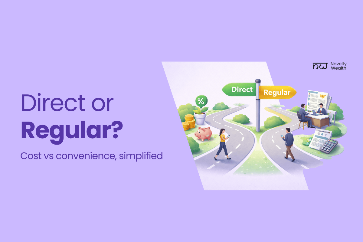 Featured image by Novelty Wealth showing a forked road labelled “Direct” and “Regular,” with investors choosing between paths—illustrating cost vs convenience in mutual fund investing for the blog “Direct vs Regular Mutual Funds: Which One Should You Choose.