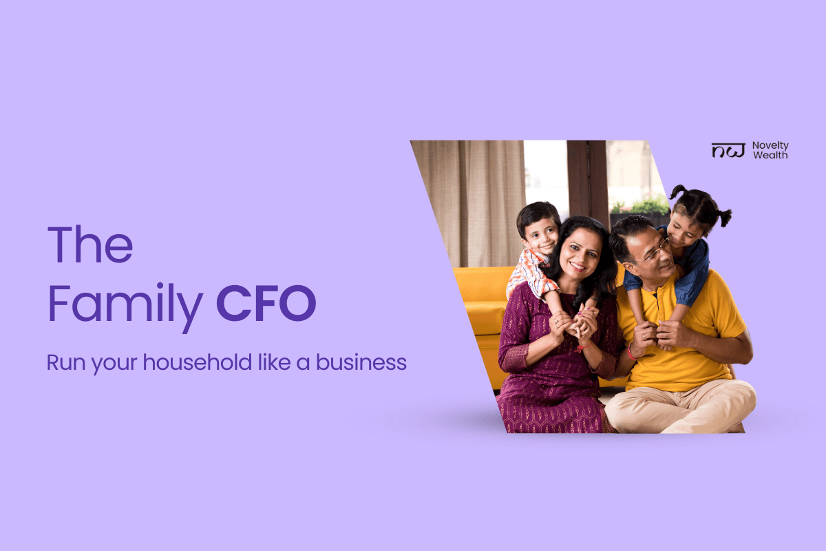Indian family with children smiling at home alongside text “The Family CFO – Run your household like a business,” representing family financial planning and wealth management.